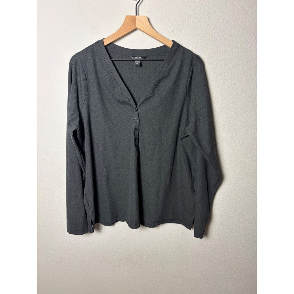 Athleta Uptempo Ribbed Henley Top Charcoal Gray Long Sleeve V-Neck 981737 2X